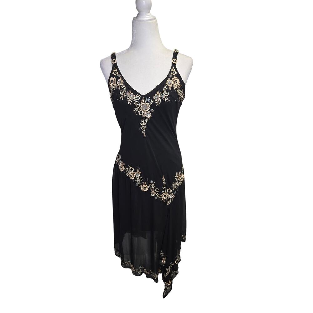 90's Y2K Vintage Black Midi Embroidered 3D floral Whimsey Goth fairy Vampy Dress